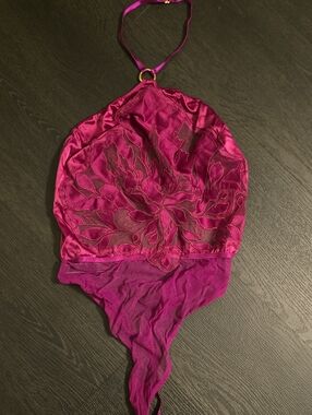 Victoria's Secret Magenta Floral Sheer Halter Bodysuit